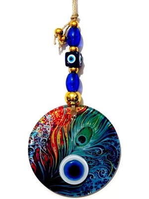 Sevimle Store Cam Tavus Kuşu Tüyü Desenli 12X12 cm Nazar Boncuklu 12X30 cm El Yapımı Duvar Süsü Nazarlık