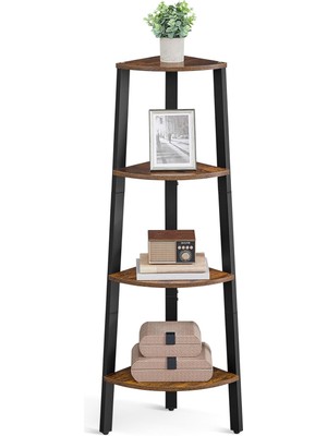Sevimle Store Köşe Rafı, Ayaklı Raf, Kitaplık, 4 Raflı Merdiven Rafı, Kolay Montaj, Sağlam Çelik Çerçeve, Oturma Odası, Yatak Odası, Balkon, Endüstriyel Tasarım, Eski Kahverengi-Siyah LLS34X