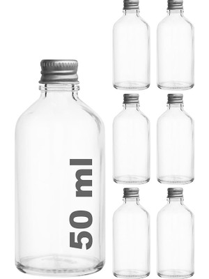 Sevimle Store 50 cc Gümüş Metal Kapaklı Hediyelik Shot Şişesi 50 ml Kolonya Koku Süs Küçük Şeffaf Cam Şişe 6 Adet