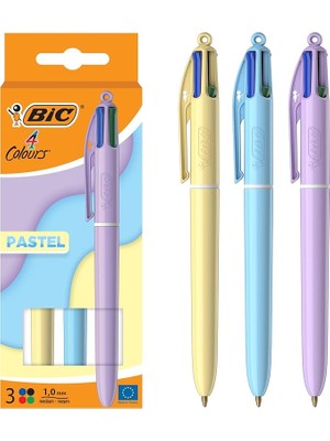 Sevimle Store 4 Colours Pastel Gövde Tükenmez Kalem 3'lü Blister, 4 Farklı Renk (Mavi, Siyah,yeşil ve Kırmızı), 1.0 Mm. Uç