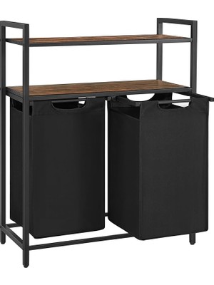 Sevimle Store Çamaşır Sepeti, Çamaşır Kutusu, 2 Bölme, 2 Raf, Metal Çerçeve, 2 x 46 Litre, 73 x 33 x 91 Cm, Vintage Kahverengi-Siyah BLH211B01