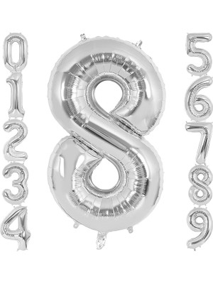 Sevimle Store 8 Rakamı Doğum Günü Balonu Yaş Günü Gümüş Renk Uçan Balon 102 cm Doğum Günü ve Parti Dekorasyonu Büyük Boy Folyo Helyum Uçan Balon Yaş 8 Sayısı