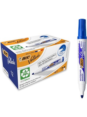 Sevimle Store Velleda 1701 Eco Yuvarlak Uçlu Beyaz Tahta Kalemi, Mavi, 12'li Kutu, Kolay Silinebilen Mürekkep, Sabit Yuvarlak Uç