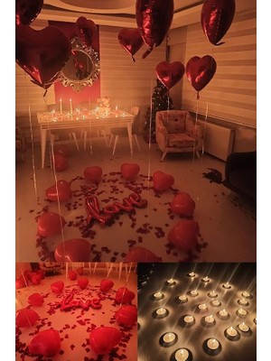 Sevimle Store Winky Sevgili Set Kuru Gül Yaprağı,banner,20 Kalp Balon,20 Beyaz Mum Romantik Hediye 14 Şubat Kırmızı