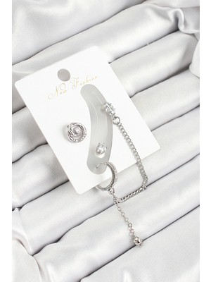 Pirinç Halka Figürlü Zirkon Taşlı Gümüş Renk 3'lü Kıkırdak Kadın Küpe Set