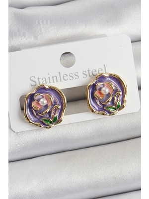 Pirinç Mor Mineli Çiçek Figürlü Sanatsal Portre Model Gold Renk Kadın Küpe