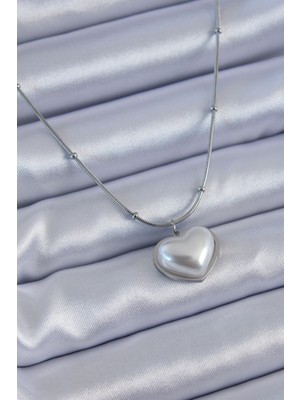 Ayder Timya 316L Çelik Gümüş Renk İncili Kalp Model Minimal Top Detay Kadın Kolye (Timya/1395) 189851