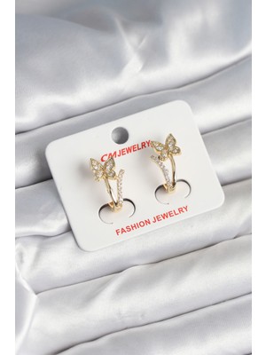 Pirinç Gold Renk Zirkon Taşlı Kelebek Model Kadın Küpe