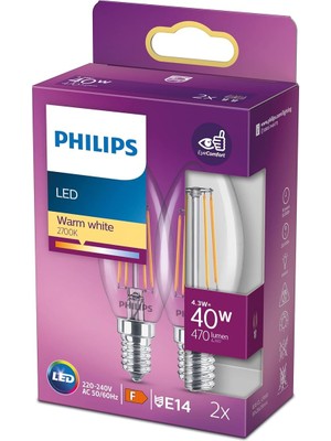 Sevimle Store LED Classic 40W B35 LED Mum Filament Ampul, 2700K Beyaz Işık, E14 Ince Duy, Dim Edilmez, 2'li Ekopaket