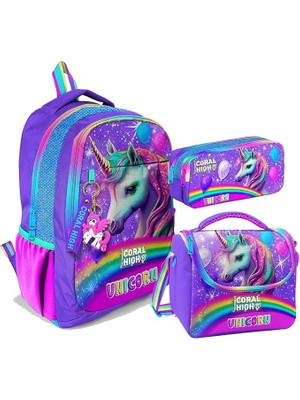 Sevimle Store High Üç Gözlü Ilkokul ve Ortaokul Çanta Seti - Kız Çocuk - Mor Simli Unicorn Desenli