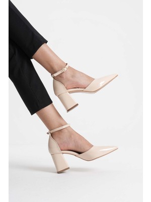 Roof Atelier Doren Bej Rugan Sivri Burun Kalın Topuklu Ayakkabı