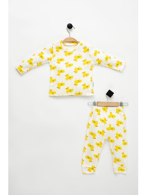 NEU KIDS Unisex Çocuk Sarı Ördek Baskılı Uzun Kollu %100 Pamuklu Pijama Takımı 1-4 Yaş