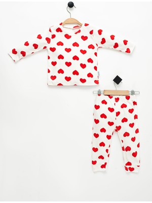 NEU KIDS Kız Çocuk Kırmızı Kalp Uzun Kollu %100 Pamuklu Pijama Takımı  1-4 Yaş