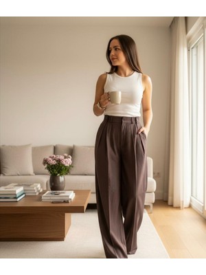 Strength Wear Düğme Detay Kahverengi Pileli Poliviskon Premium  Palazzo Pantolon