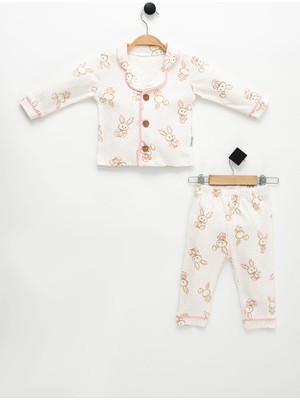 NEU KIDS Kız Çocuk Sevimli Tavşanlı Uzun Kollu Bebe Yakalı %100 Pamuklu Pijama Takımı 1-4 Yaş