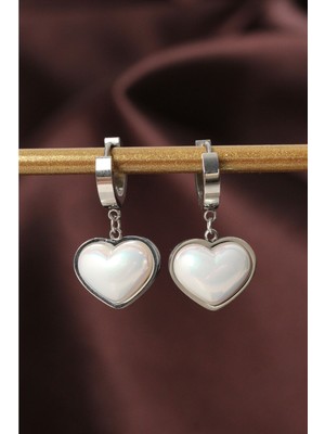 Ayder Timya 316L Çelik Gümüş Renk Beyaz Bombeli Kalp Küpe (Timya/1395) 189661