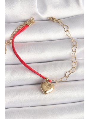 316L Çelik Gold Renk Zincir Kırmızı Ip Model Sallantı Kalp Figür Işleme Detaylı Kadın Bileklik