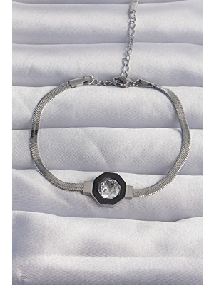 316L Çelik Gümüş Renk Zirkon Taşlı Mineli Italyan Zincir Serenay Bileklik