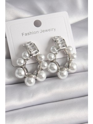 Pirinç Gümüş Renk Su Yolu Zirkon Taşlı Incili Halka Model Kadın Küpe