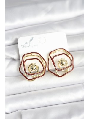 Pirinç Gold Renk Bordo Mineli Geometrik Gül Model Kadın Küpe