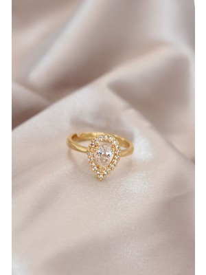 Ayarlamalı Gold Renk Metal Zirkon Taşlı Damla Model Yüzük