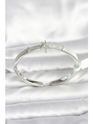 Pirinç Gümüş Renk Kutup Yıldızı Model Kadın Kelepçe Bileklik