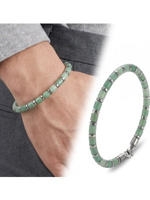 Hg.Aksesuar Erkek Yeşil Aventurin Silver Hematit Taşlı Ayarlanabilir Çelik Zincir Bileklik