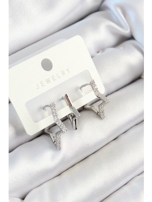 Pirinç Zirkon Taşlı Yıldız Model Gümüş Renk 3'lü Çift Kadın Küpe Set