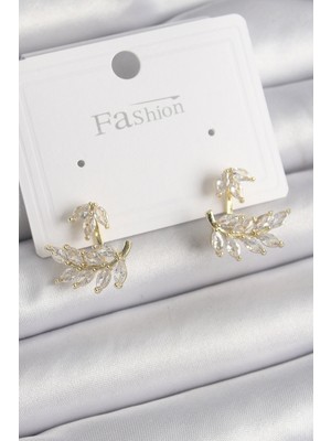 Pirinç Gold Renk Zirkon Taşlı Yaprak Model Kadın Küpe