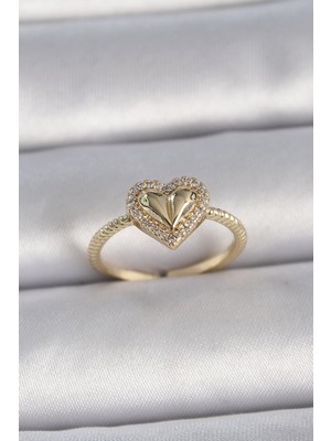 Pirinç Gold Renk Ayarlanabilir Zirkon Taşlı Kalp Model Kadın Yüzük