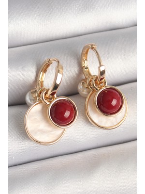 Pirinç Gold Renk Sallantı Beyaz Mineli Bordo Detay Kadın Küpe