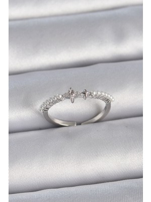 Pirinç Gümüş Renk Zirkon Taşlı Sıralı Inci Ayarlanabilir Model Kadın Yüzük