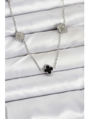 316L Çelik Zincir Gümüş Renk Siyah ve Zirkon Taşlı Baby Boy Yonca Kadın Kolye
