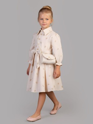 Blueberry's Çantalı Nilüfer Model Keten Çocuk Elbisesi Krem Renk