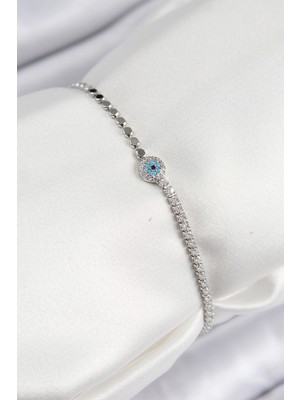 Pirinç Zirkon Taşlı Nazar Model Ezme Zincir Gümüş Renk Kadın Bileklik