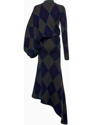 A.w.a.k.e. Mode Lacivert Yeşil Argyle Desenli Merinos Yün Örgü Kadın Midi Elbise