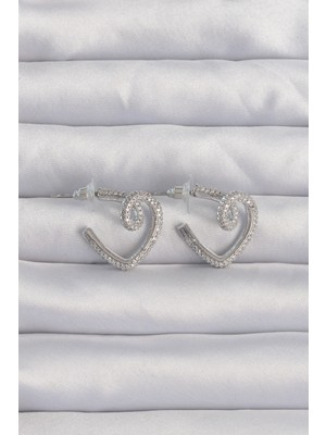 Ayder Timya Pirinç Gümüş Renk Zirkon Taşlı Kıvrımlı Yarım Kalp Küpe (Timya/1395) 190794