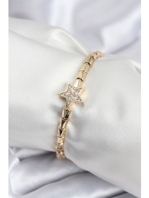 Pirinç Vip Seri Gold Renk Zirkon Taşlı Yıldız Model Kadın Bileklik