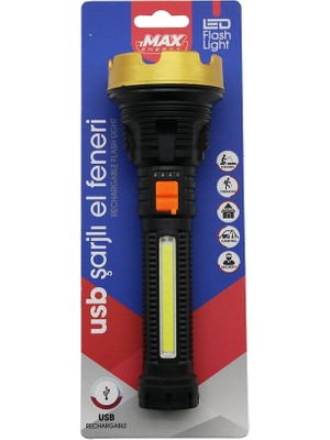 ORTA=19CM 2in1= Osl LED - Cob LED USB Şarjlı El Feneri 3-Kademe Işık - Flaşör Şarj Gösterge (4801)