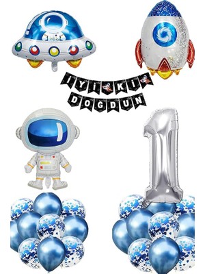 Sevimle Store Gitti Uzay Konsepti 1 Yaş Doğum Günü Parti Kutlama Seti; Astronot, Ufo ve Uzay Gemisi Folyo Balon Set