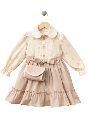 Blueberry's Çantalı Puanlı Çiçekli Krinkıl Kumaş Bebek Elbisesi Pudra Renk
