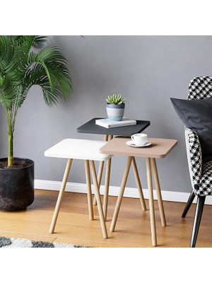 Sevimle Store Üçlü Zigon Sehpa Ahşap Ayaklı Kare Pastel Tasarım (Cappuccino,gri,beyaz)