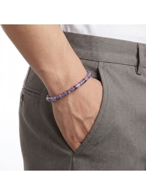 Hg.Aksesuar Erkek Ametist Taşı & Silver Hematit Taşlı Ayarlanabilir Çelik Zincir Bileklik