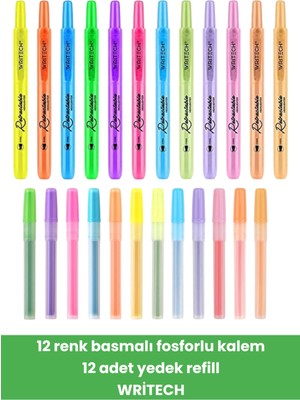 12 Renk Basmalı Fosforlu Kalem 12 Adet Yedek Refill Writech