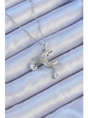 Ayder Timya 316L Çelik Zincir Gümüş Renk Zirkon Taşlı Kelebekli Mineli Ay Kolye (Timya/1395) 190936