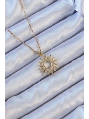 Ayder Timya 316L Çelik Zincir Altın Renk Zirkon Taşlı Parlayan Güneş Kolye (Timya/1395) 190942