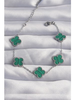 Ayder Timya 316L Çelik Gümüş Renk Çizgili Yeşil Mineli Yonca Bileklik (Timya/1395) 190845