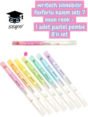 Writech Silinebilir Fosforlu Kalem Seti 7 Neon Renk + 1 Adet Pastel Pembe 8'li Set