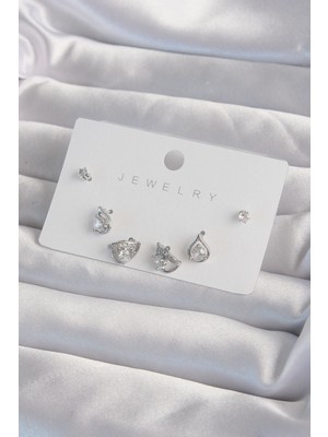 Ayder Timya Pirinç Gümüş Renk Zirkon Taşlı Damla Model Küpe Seti (Timya/1395) 190823