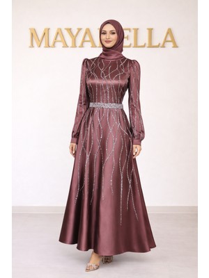 MayaBella Saten Kolları ve Önü Işlemeli Tesettür Abiye